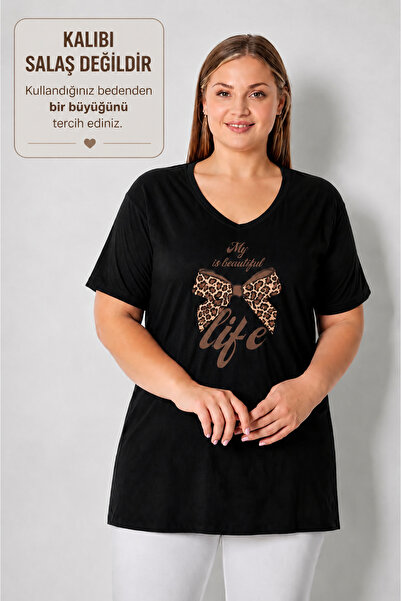 LOTTEBELLA Kadın V Yaka Baskılı Yırtmaçlı Büyük Beden T-shirt