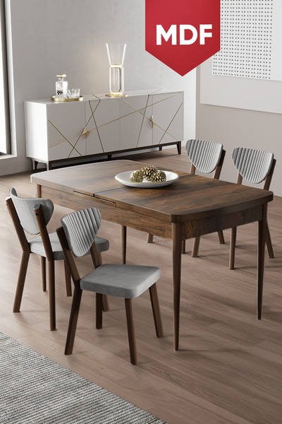 Canisa Exve Serisi 80x132 MDF Açılabilir Barok Ahşap Desen Masa Takımı ve 4 G...