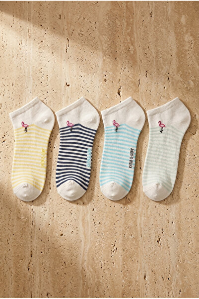 Katia&Bony Pack of 4 Girls' Striped Flamingo Patterned Booties Socks