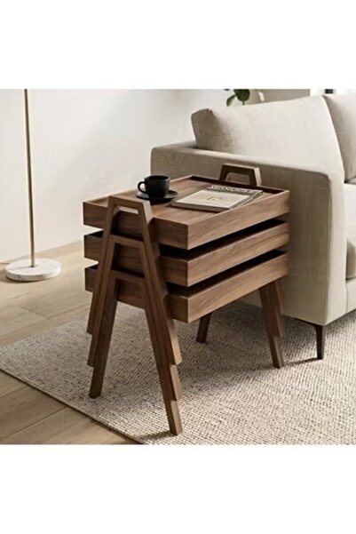 The Living Set of 3 Brown Nesting Wooden Side Tables | Modern Serving Tables ...