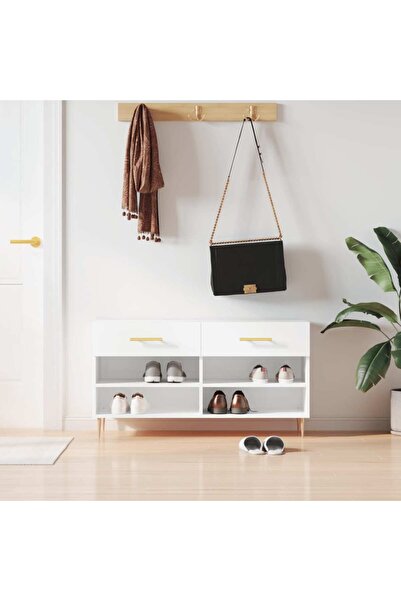 Concept Bancheta pantofar, alb extralucios, 102x35x55 cm, lemn compozit