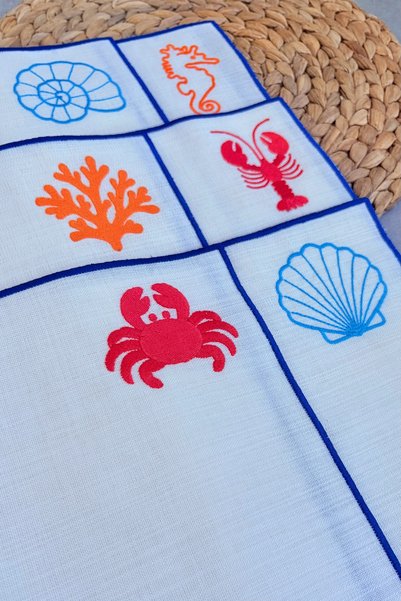 Mora Tekstil 6-Person Marine-Themed Embroidered American Service Set – Marine Concept Stain-Resistant Fabric Premium Tableware