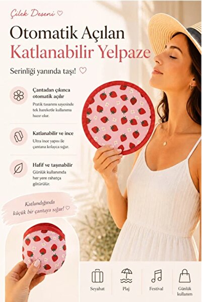 Kitchen Beauty Otomatik Açılan Katlanabilir Yuvarlak Yelpaze Yazlık Çantalı Taşınabilir Kore Yelpazesi 25 Cm