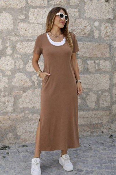 Generic Brand Women's Short Sleeve Athlete-Looking Side Slit Long Viscose Dress