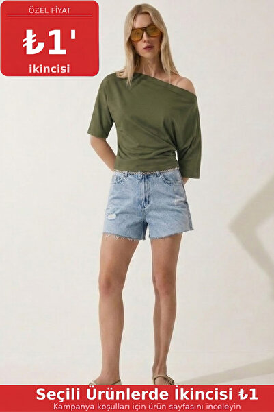COMBİNE MİCHAİL Tricou de damă cu mânecă scurtă, kaki, mulat, fără umeri