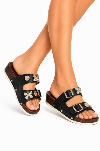 Lidora Women's Black Buckle Detailed Casual Slippers Ayk1052