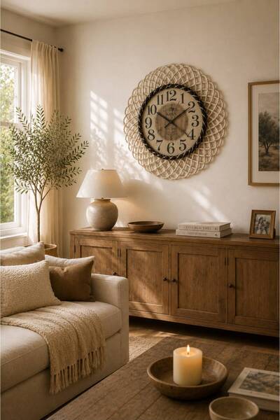 home inn Ceas de perete cu ramă din răchită în stil boem – Ceas decorativ cu ...