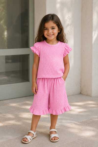 Yalçınoğlu Kids Set de pantaloni scurți de vară cu mâneci cu volane premium p...