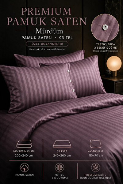 Morlay Premium %100 Pamuk Saten Oxford Düğmeli Çift Kişilik Çizgili Saten Nev...