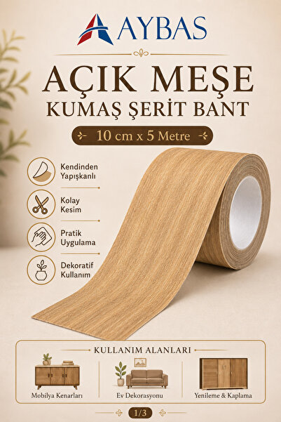 Aybas 10 cm x 5 Metre Açık Meşe Ahşap Desenli Kumaş Yapışkan Bant – Kendinden...