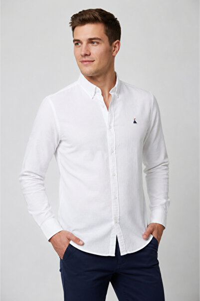 FSR FUSARO Beyaz %100 Pamuk Slim Fit Düğmeli Yaka Erkek Gömlek - Kolay Ütülen...