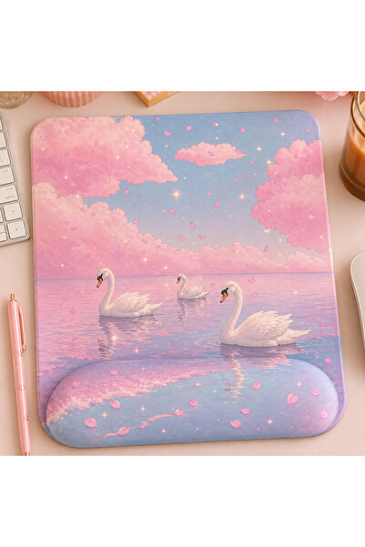 matizya Kuğulu Sakura Desenli Kare Bilek Destekli Mousepad 19x23 cm Ergonomik...