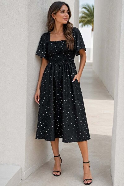 Madmext Schwarzes gemustertes Midikleid mit elastischem Bund - MG2101