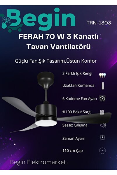 BEGİN Ferah 70w 3 kanatlı led ışıklı uzaktan kumandalı tavan vantilatör siyah