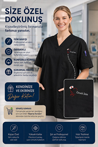 mirach Hemşirelere Özel İsim Yazılan Kişiye Özel Medikal Scrubs Kadın Scrubs ...