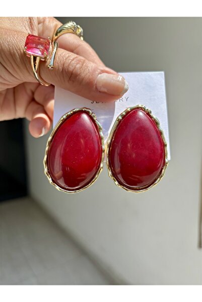 Gözde Tasarım Butik أقراط نسائية ذهبية كبيرة بيضاوية الشكل بإطار ذهبي