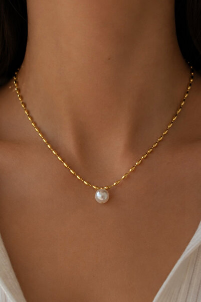 FIERA JEWELRY Minimalist White Bead Detail Vintage Gold Steel Necklace