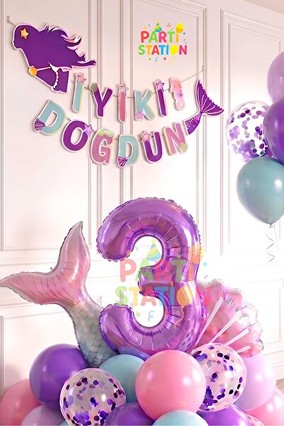 Parti Station Mor Rakam Balon Deniz Kızı Konsept Parti 3 Yaş Balon Set Mermai...