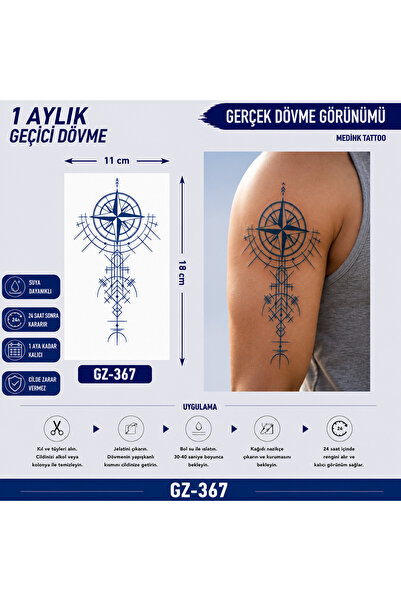 medink tattoo 1 Ay Kalıcı Sonradan Kararan 11X 18 cm Pusula model geçici dövm...