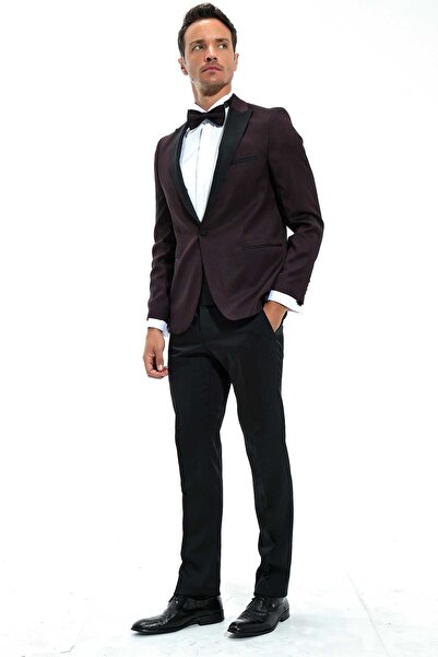 Morven Erkek Koyu Bordo Modena Slimfit Jakarlı Smokin