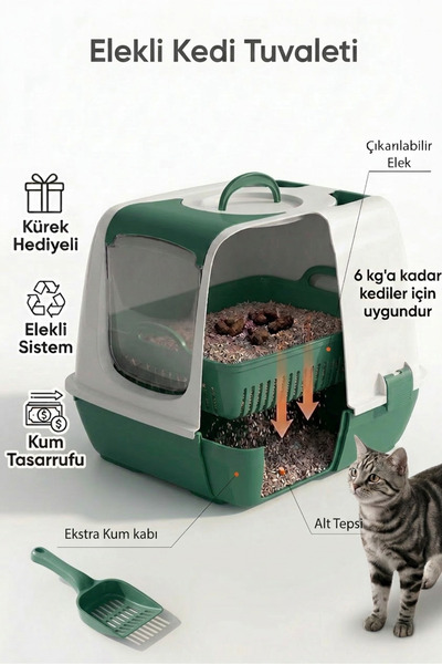 Kurtbay Şekil Flex Elekli Kedi Tuvaleti, 50x37,5x40 cm, XL boy, Kum küreği he...