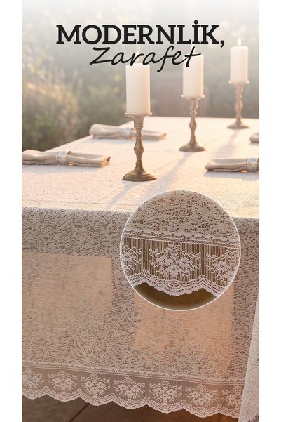 LENDASHOP Ecru Tablecloth with Lace Edges, Stain-Resistant, Wipeable, Stylish Dining Table Cover 140X220 cm