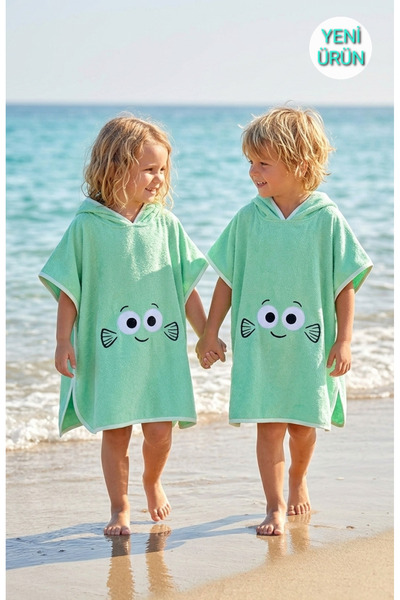 PAMUK HANIM Cotton Soft Towel for Girls and Boys, Suitable for Sea, Beach, Pool, and Bathroom. Hooded Poncho in Mint Green/Eyes Color.