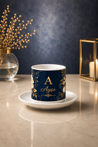 SARUHAN CONCEPT Kişiye Özel Harfli Gold Mermer Desenli Kahve Fincanı Takımı –...