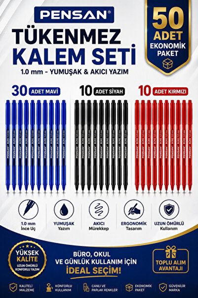 ANI OFİS KIRTASİYE A K Ballpoint Pen Set 50 Pieces – 30 Blue, 10 Black, 10 Re...