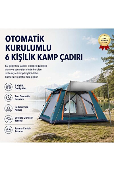 hızlı store Otomatik Kurulumlu, Su Geçirmez & Güneşlikli 6 Kişilik Kamp Çadırı