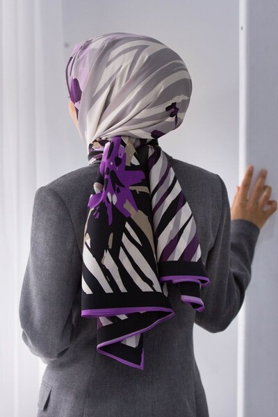 Vissona KREP ZEBRA VE ÇİÇEK DESENLİ LİLA RENKLİ 75X195 KIRIŞMAZ ŞAL
