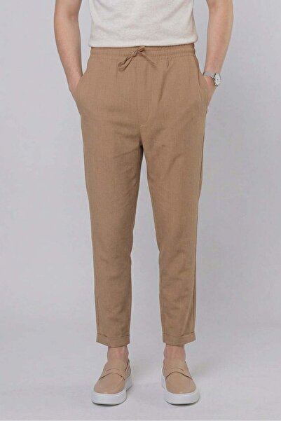 Efor Slim Fit Yan Cepli Beli İpli Keten Camel Kahverengi Jogger Pantolon ATP 031