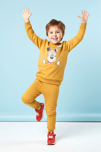 TOFİSA Boy's Mustard Printed Two-Thread Pajama Set - 28199-Hardal