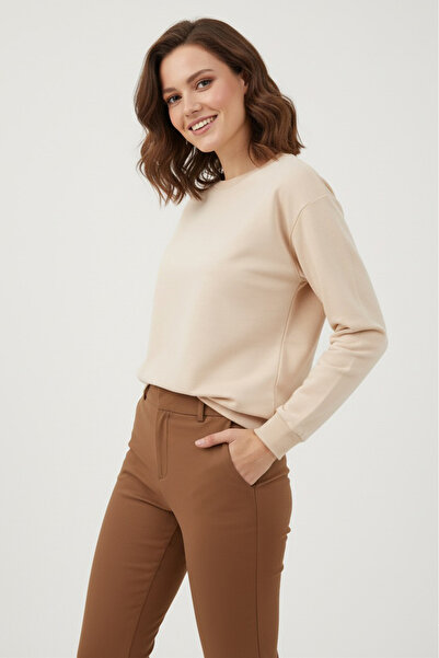 TOFİSA Kadın Bisiklet Yaka Oversize Sweatshirt - 27955-BEJ