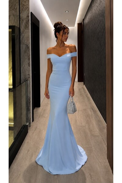 Modafeminen Rochie lungă model pește cu umeri goi 582171 ALBASTRU