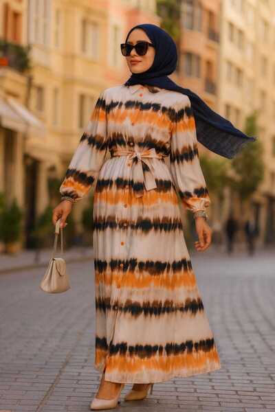 Neva Style Desenli Turuncu Tesettür Elbise 23551T