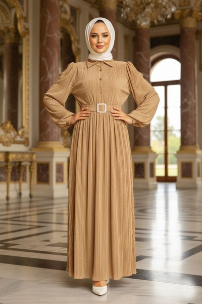 Neva Style Tokalı Kemerli Bisküvi Tesettür Elbise 5936BS
