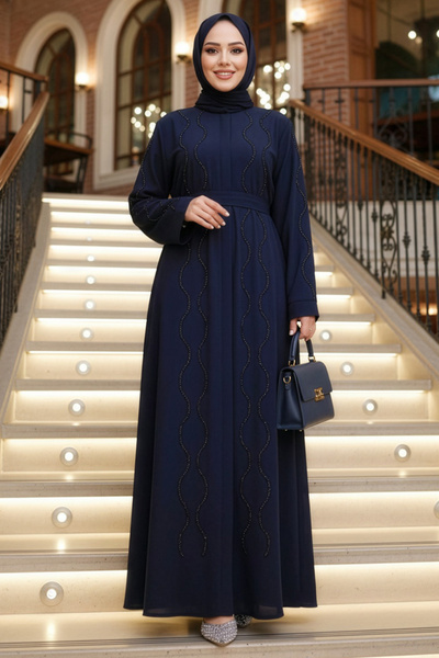 Neva Style عباية حجاب مطرزة بالخرز باللون الأزرق الداكن 29117L
