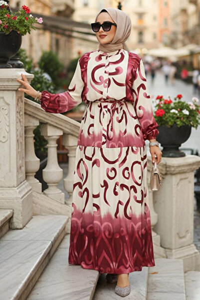 Neva Style Patterned Plum Black Hijab Dress 10208Mu