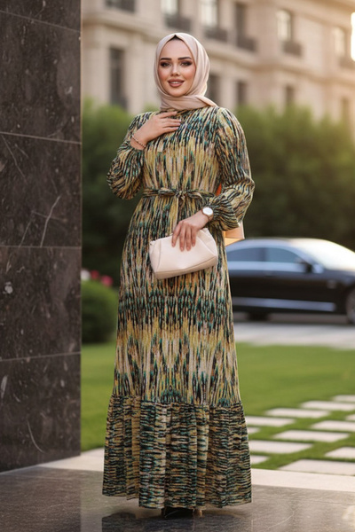 N.S NEVA STYLE فستان تشيتكور بنقشة خضراء زيتية 52721YY