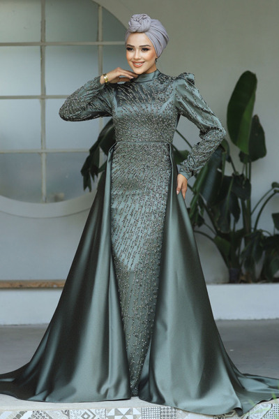 Neva Style Tesettür Abiye Elbise - Kuyruklu Haki Tesettür Abiye Elbise 23310hk