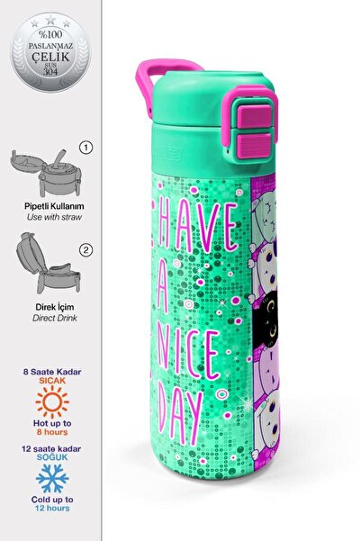 Coral High Kids Pink Water Green Cat Patterned Steel Thermos with Straw and D...