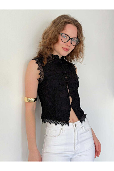 Clothes Fast Γυναικεία δαντελένια μπλούζα με γιακά κινέζικου τύπου, αμάνικη, ...