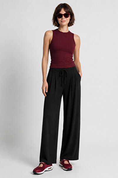 Mixray 2116 Women's High Waist Wide Leg Modal Textured Trousers Black