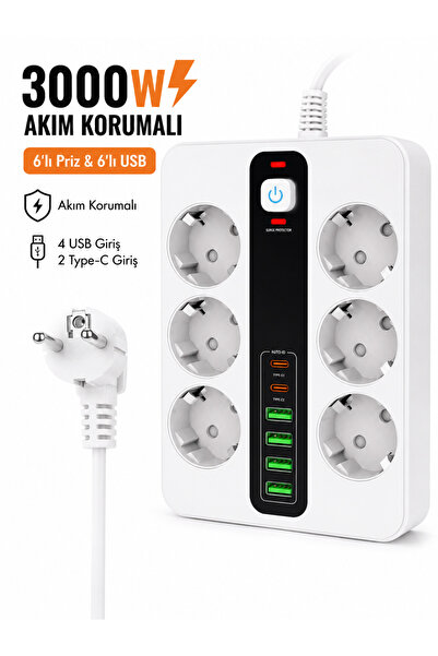 Moxti 3000W Akım Korumalı 4 USB'li ve 2 TYPE-C li 6'lı Grup Priz 2 m Uzatma