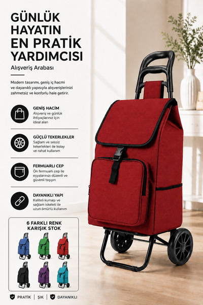 Vadi Ses Yapmaz Tekerlekli Su Geçirmez Çantalı Katlanabilir Pazar Arabası