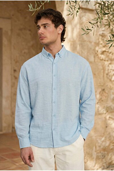Valiberta Pera Fabric Linen Look Half Oversize Long Sleeve Men's Shirt - Ligh...
