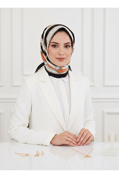 Vissona %100 Saf İpek Şal İnce Saten Vual Dokuma Kemer Desenli Taba - Siyah R...