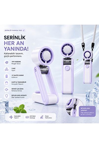 TARÇIN Turbo Mini Fan 199 Kademeli Dijital Göstergeli Katlanabilir Şarjlı El ...