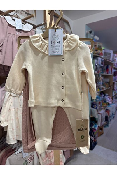 INFANT Set hăinuțe nou-născut Princess Ecru cu guler volănaș și păturică roz ...